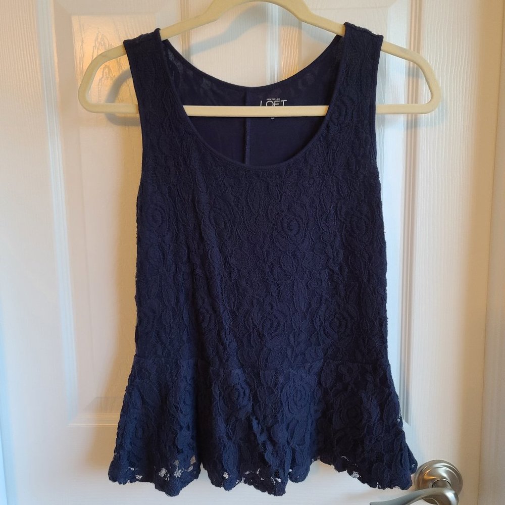 Loft Petite Navy Blue Lace Peplum Tank